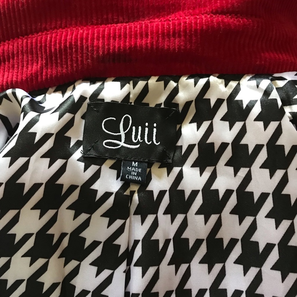 Alabama houndstooth!! Red corduroy jacket.
